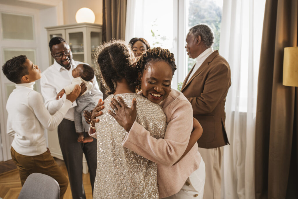 Family reunion for dinner party at home.